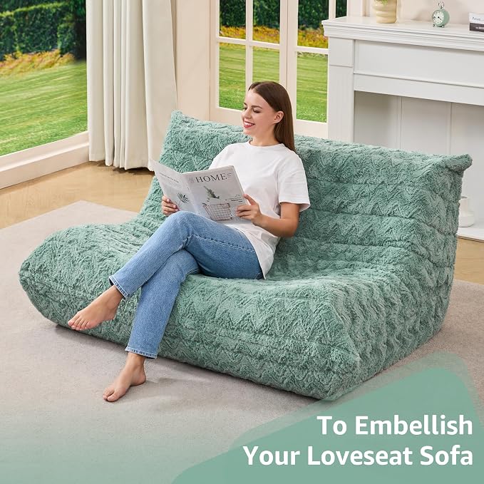 Hobestluk Large Bean Bag Chair Faux Fur BeanBag Couch for Living Room | Green Chevron, Loveseat,Ergonomic Design,Memory Foam,Anti-slip Bottom,No Assembly Required,Decorative Style for Living Room