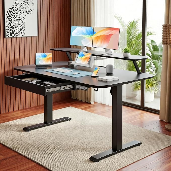GTPLAYER Electric Standing Desk with Drawers, 55 x 24 Inches Height Adjustable Computer Desk with Monitor Stand, Laptop Stand, Home Office Sit Stand Up Desk with Memory Preset, Black