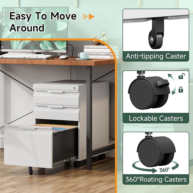 Mobile File Cabinet with Lock,3 Drawer Under Desk Metal Rolling Filing Cabinets for Home Office Organizer A4/Letter/Legal,Easy Assembly,White