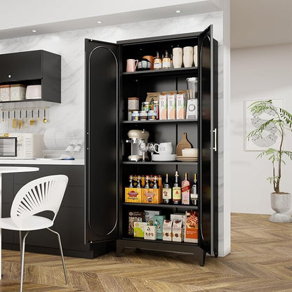 Metal Storage Cabinet with Doors, 75" Tall Kitchen Pantry Storage Cabinets, Black Pantry Cabinets with Adjustable Shelves, Home Office Cabinet, Large Cupboard, High Leveling Feet- Assembly Required