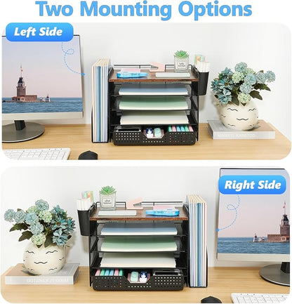 OPNICE Desk Organizer, 5-Tier Paper File Organizer with Drawer & Pen Holder, Office Desk Accessories, Workspace Desktop Organizer for Office Supplies(Brown Wood)