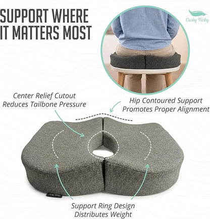 Cushy Tushy Tailbone Pain Relief Cushion - Premium Foldable Travel Tailbone Seat Cushion - for Relief of Lower Back, Sciatic, Butt and Tailbone Pain - Perfect for Home, Office & Driving