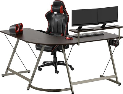 SHW 51 x 51 Inches Vista L-Shaped Desk with Monitor Stand and Drawer, Espresso