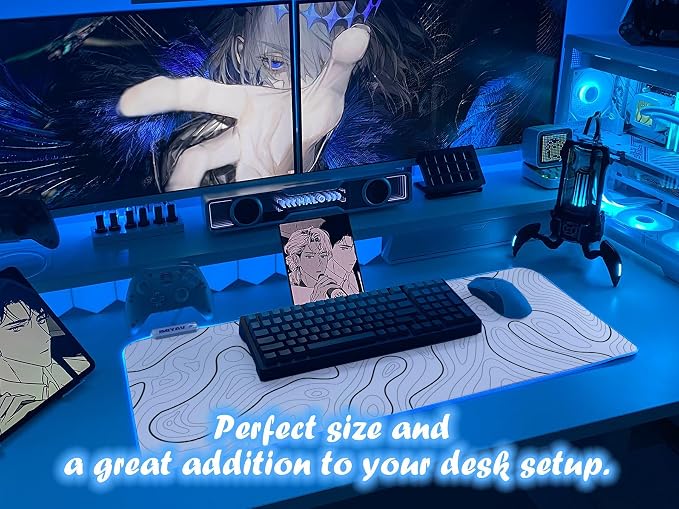 JMIYAV White Gaming Mouse Pad RGB Mousepad 31.5x12In Non-Slip Rubber Base Extra Large Cool XL XXL Computer Desk Pad Gaming Accessories Setup LED Light Up Big Mouse Pad for Gamer Topographic White