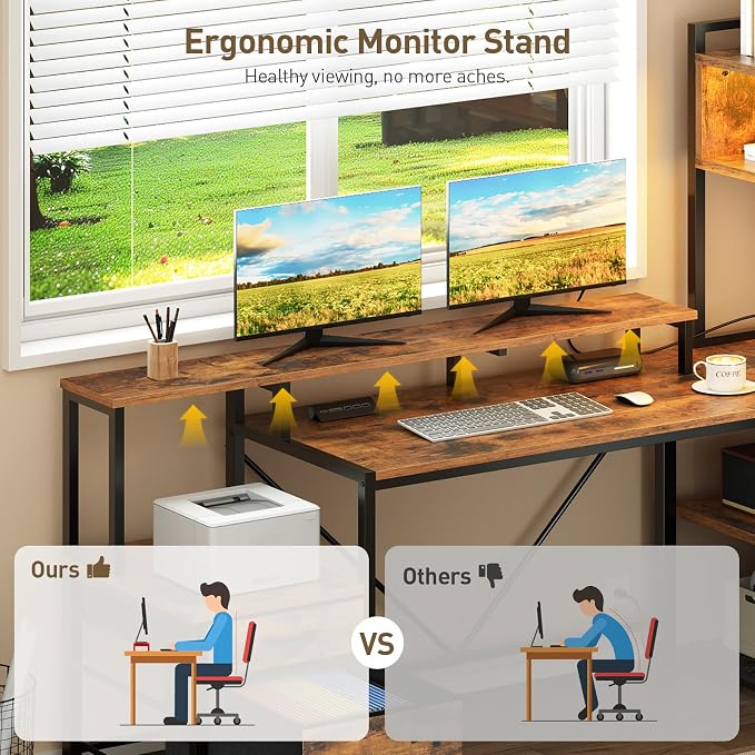 RALGEND 75" L Shaped Gaming Desk with Drawers, Computer Corner Desk with Storage Shelves for Home Office, Gaming Desk with Monitor Stand, Hutch, LED Light & Power Outlet, Rustic Brown and Black