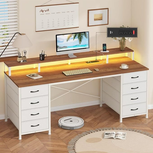 YOMILUVE 60 Inch Computer Desk with 8 Fabric Drawers, Gaming Desk with LED Lights & Power Outlets, Home Office Desk with Monitor Stand, Brown and White