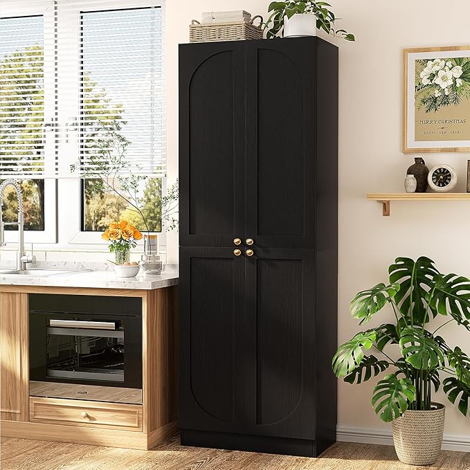 Cyclysio Storage Cabinet Set of 2, 80" Tall Arched Bookcase with 4 Soft Close Doors, 12-Tier Wooden 2 Set Pantry with Adjustable Shelves, Seamless Fit Wall for Home Office, Living Room, Kitchen
