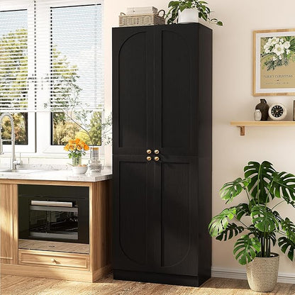 Cyclysio Storage Cabinet Set of 2, 80" Tall Arched Bookcase with 4 Soft Close Doors, 12-Tier Wooden 2 Set Pantry with Adjustable Shelves, Seamless Fit Wall for Home Office, Living Room, Kitchen