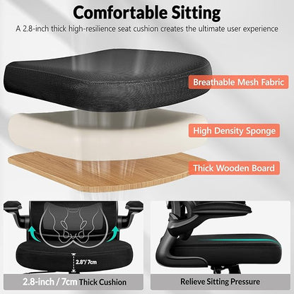 BESTFAIR Ergonomic Mesh Office Chair, Breathable Mesh Computer Desk Chair, Adjustable Lumbar Support, Flip-up Armrests, Executive Swivel Chair for Home Office, Black