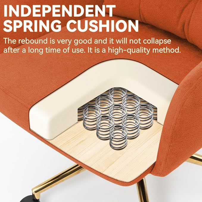 Flannel Office Chair, Comfy Home Office Desk Chairs with Lumbar Support, Modern Velvet Desk Chair Gold Legs Small Swivel Task Chair for Home Office, Bedroom, Study (Orange, L)