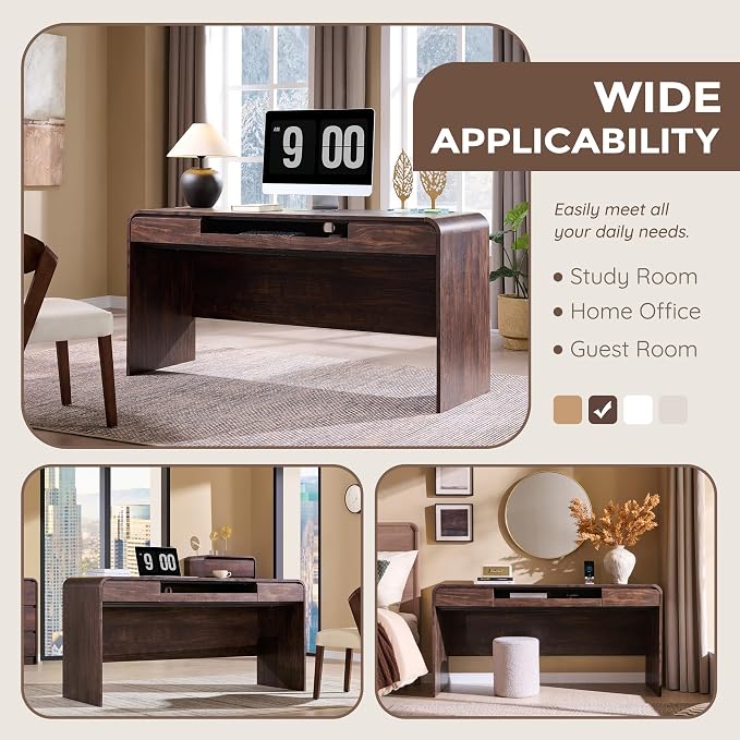 63" Modern Computer Desk with 2 Drawers, Wood Curved Executive Desk with Keyboard Tray & Power Outlet, Writing Desks with Storage for Home Office, Study Room, Living Room (Brown)