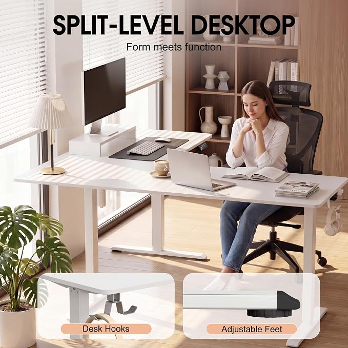 Furmax 63 x 55 Inch L Shaped Standing Desk with 2 Preset Heights, Electric Height Adjustable Computer Table, 2 Hooks & Feet Balance, Corner Sit Stand Desk for Home Office (White, 63 x 55 Inch)