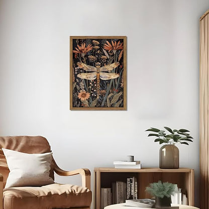 Vintage Framed Dragonfly Wall Art, Dark Academia Insect Art Print, Modern Farmhouse Wall Decor, Botanical Floral Canvas, Rural Dragonfly Painting Artwork for Bedroom Living Room 16x24 inch