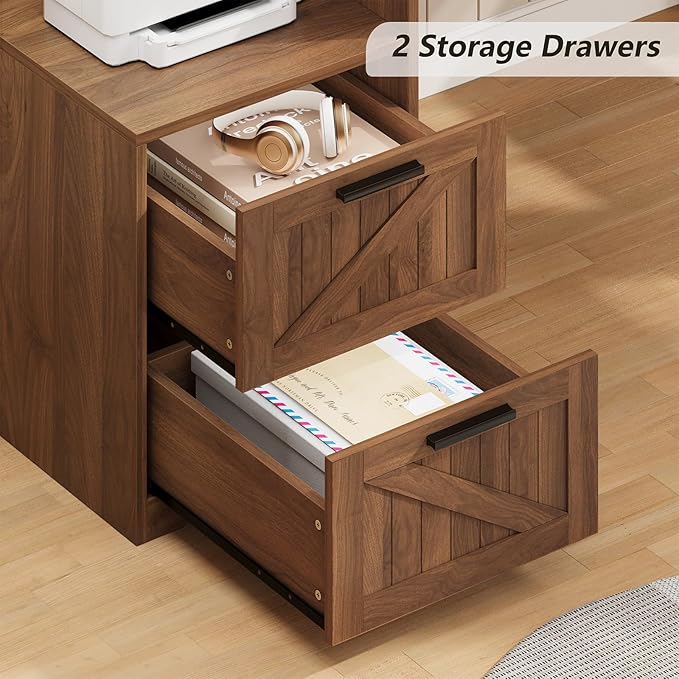 YOMILUVE 63" Farmhouse L Shaped Executive Desk with Drawers & Storage Shelf, Corner Computer Desk with Power Outlets, L Shaped Office Desk with Monitor Stand, Printer Shelf, Brown