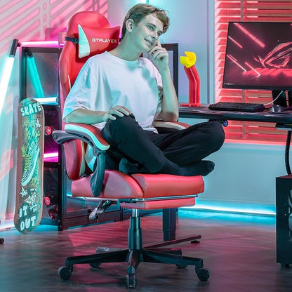 GTPLAYER Gaming Chair, Computer Office Chair Lumbar Support, Linkage Armrests and Footrest, Ergonomic Game Chair for Adults with Extended Backrest, Faux Leather, Red
