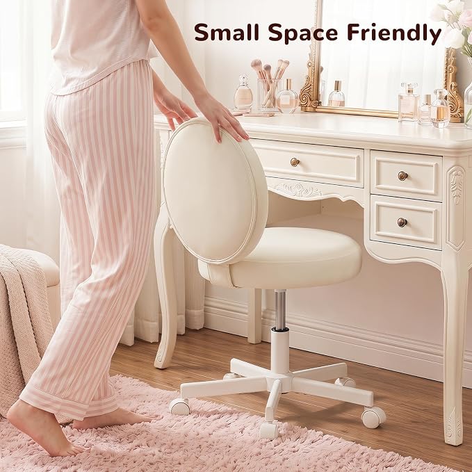 Furniliving Round Velvet Vanity Chair with Wheels, 360° Swivel Armless Desk Chair, Adjustable Height Rolling Makeup Chair for Bedroom Study Room, White