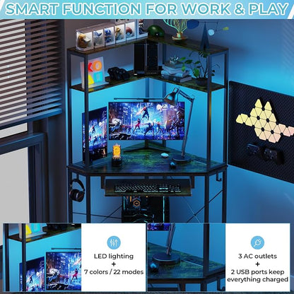 Corner Desk with Hutch and LED Lights, Corner Computer Desk with Keyboard Tray and Monitor Stand, Small Computer Desk for Small Spaces, Home Office（Rustic Brown）