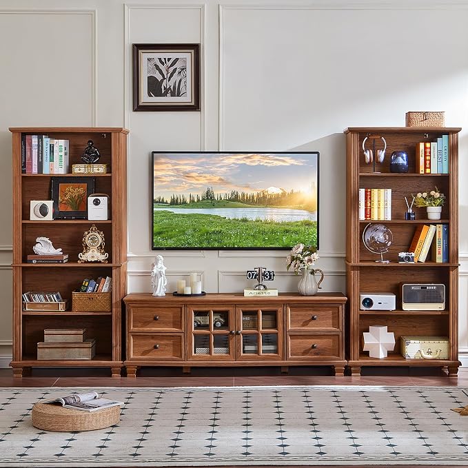 SAVOR LIFE 70" Tall Brown Bookshelf,5 Tier Wooden Book Shelf with Adjustable Shelves & Wood Legs,Free Standing Farmhouse Bookcase with Open Display Storage,Vintage Bookshelves for Classroom, 2PCS