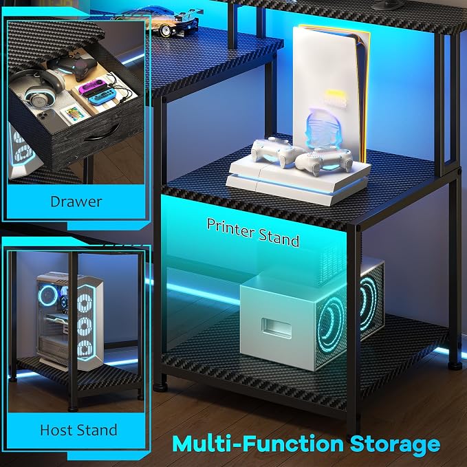 Black Gaming Desk With RGB Lights and 3 AC Power Outlets,Office Computer Desk with 55" Long Monitor Stand,18"Ample Printer Space,Storage Drawer and File Shelves,Study Desk,Bedroom Writing Desk