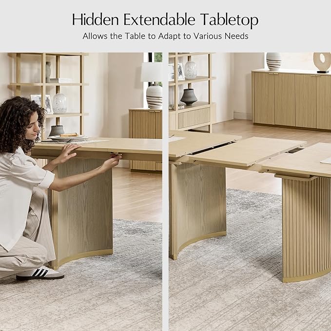 HULALA HOME 60"-80.75" Extendable Dining Table, Solid Wood Kitchen Table with Removable Leaf, Fluted Base, Mid-Century Modern Home Office Desk for Dining Living Working Room-Natural