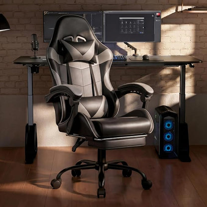 Gaming Chair, Ergonomic Computer Chair with Footrest and Lumbar Support, Height Adjustable Office Chair with 360° Swivel Seat and Headrest (Black & Grey)