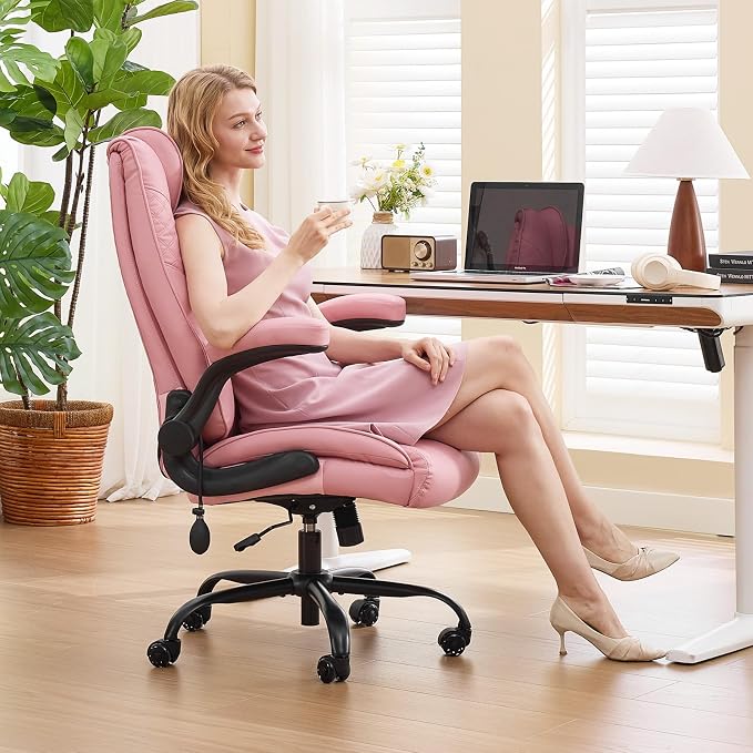 500lbs Big and Tall Office Chair with Inflatable Lumbar Support, Rubber Wheels Executive Chair with Rocking Function, High Back Wide Cushion Leather Ergonomic Computer Desk Chair for All-Day Sitting
