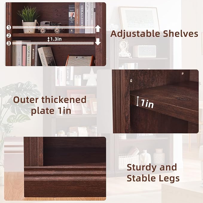 RWYHG 70" Walnut Tall Bookshelf,5-Tier Thick Wooden Book Shelf with Adjustable Shelves,Free Standing Farmhouse Bookcase with Open Display Storage,Floor Vintage Bookshelves for Living Room,Office