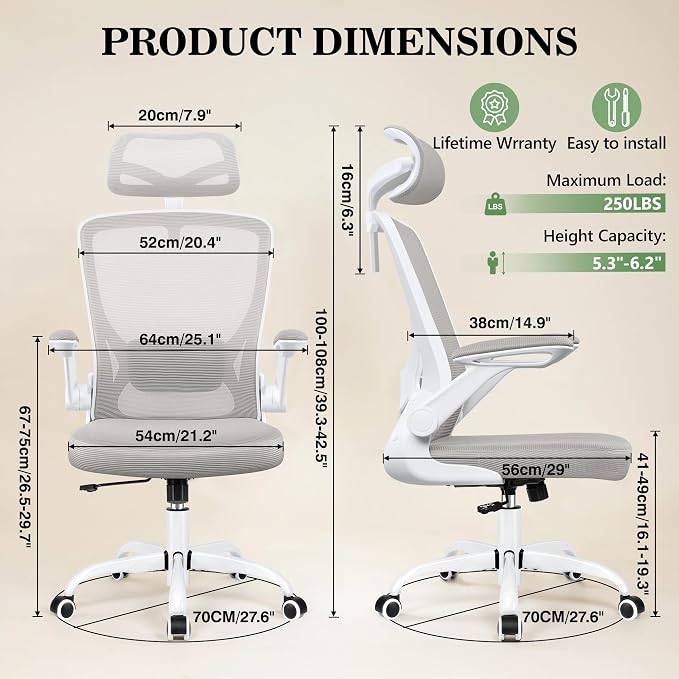 BESTFAIR Office Chair Ergonomic Desk Chair, Breathable Mesh Office Chairs with Adjustable Lumbar Support, Flip-Up Arms, Computer Desk Chair Comfy for Home Office, Light Gray