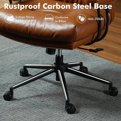 High Back Executive Office Chair with Comfortable Deep Seat,Brown PU Leather Modern Office Chair,Ergonomic Big and Tall Computer Desk Chair with Lumbar Support(Light Brown)