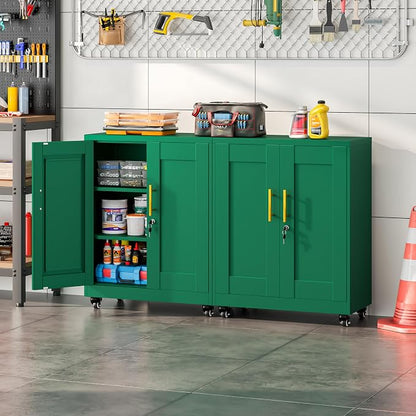 winiowa 36" Mobile Metal Storage Cabinet with Lock, Locking File Cabinet with 2 Adjustable Shelves & Wheels, Green Lockable Organizer for Home Office/Garage