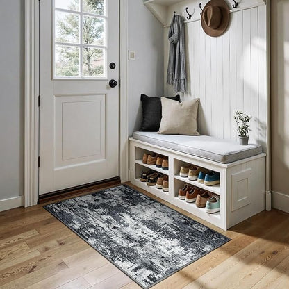 RELEANY Washable Area Rugs 3x4 Non-Slip Modern Abstract Soft for Living Room Entryway Bedroom Kitchen, Print Pattern, Black Navy Blue Gray