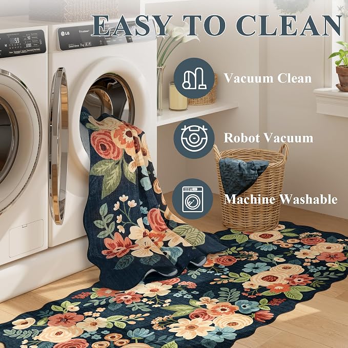 DUKINO 3x5 Area Rug, Floral Non-Slip Indoor Washable Rug with Low Pile & Non-Shedding, Lightwight Boho Design Carpet for Entryway, Bedroom, Kids Room, Living Room, Kitchen, Navy Blue