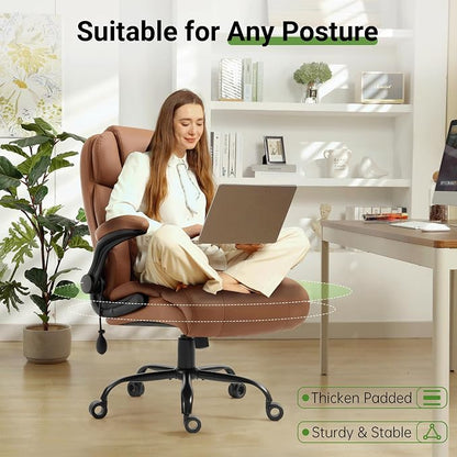 Office Chair, Big and Tall Executive Chairs with Lumbar Support for Back Pain, Breathable Desk Computer Chair with Adjustable Flip-up Armrests,Wide Cushion Swivel Home Office Chair Black,Brown PU