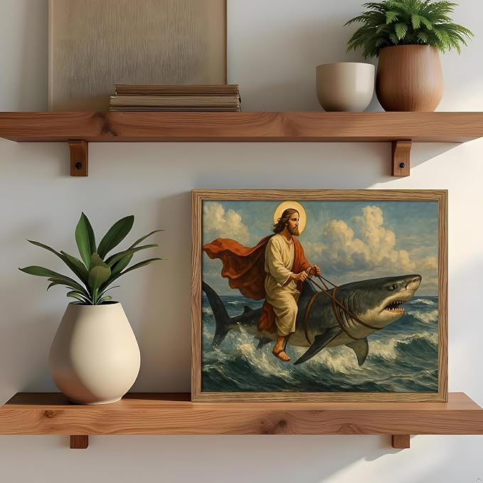 Framed Jesus Riding a Shark Wall Art, Humorous Christian Canvas Print, Fun Jesus Oil Painting, Religious Comedy Wall Decor, Christian Home Decor Gift for Living Room Bedroom Bathroom 16x24 inch