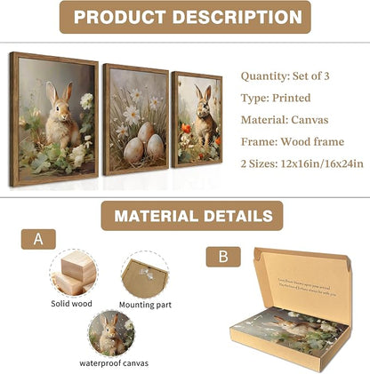Vintage Easter Bunny Wall Art Set of 3, Spring Easter Rabbit Eggs Canvas Wall Decor Paintings, Rustic Farmhouse Animal Artwork Prints Pictures for Living Room Bedroom Bathroom 12x16 Inch Framed