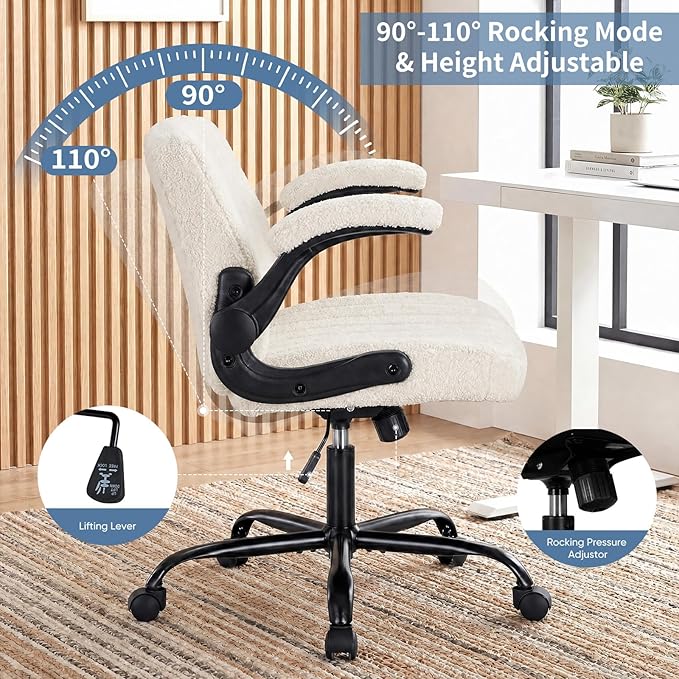 DUMOS Criss Cross Home Office Chair with Wheels, Wide Cross Legged Desk Vanity Chair Comfy Fabric Flip-Up Armrests Adjustable Swivel Chairs for Home Computer Bedroom, Beige