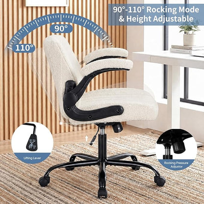 DUMOS Criss Cross Home Office Chair with Wheels, Wide Cross Legged Desk Vanity Chair Comfy Fabric Flip-Up Armrests Adjustable Swivel Chairs for Home Computer Bedroom, Beige