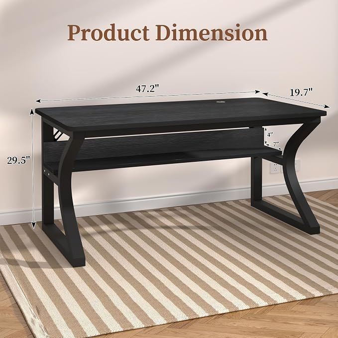 AZN Computer Desk, 47 X 20 inch Computer Desk, Office Desk w/Storage, Large Legroom, Sturdy Metal Frame, Home Office Desks for Gaming Study Writing Work, Waterproof, Scratch-Resistant, Black