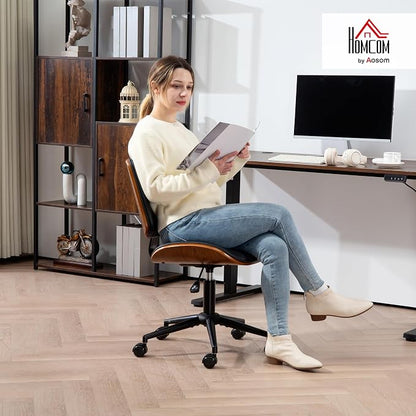 HOMCOM Home Office Chair No Arms with Wheels, PU Leather Mid Back Small Desk Chair with Adjustable Height, 360 Degree Swivel for Office, Reading, Meeting Room, Black