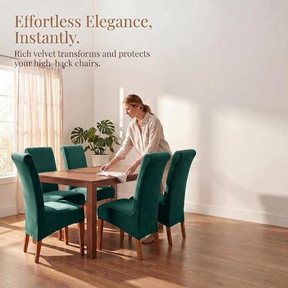 Deisy Dee Stretch XL/Oversized Extra Large Velvet Dining Room Chair Covers for Kitchen Dining，Removable Washable Chair Protectors Slipcovers (Kelly, 4)