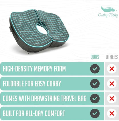 Cushy Tushy Tailbone Pain Relief Cushion - Premium Foldable Travel Tailbone Seat Cushion - for Relief of Lower Back, Sciatic, Butt and Tailbone Pain - Perfect for Home, Office & Driving