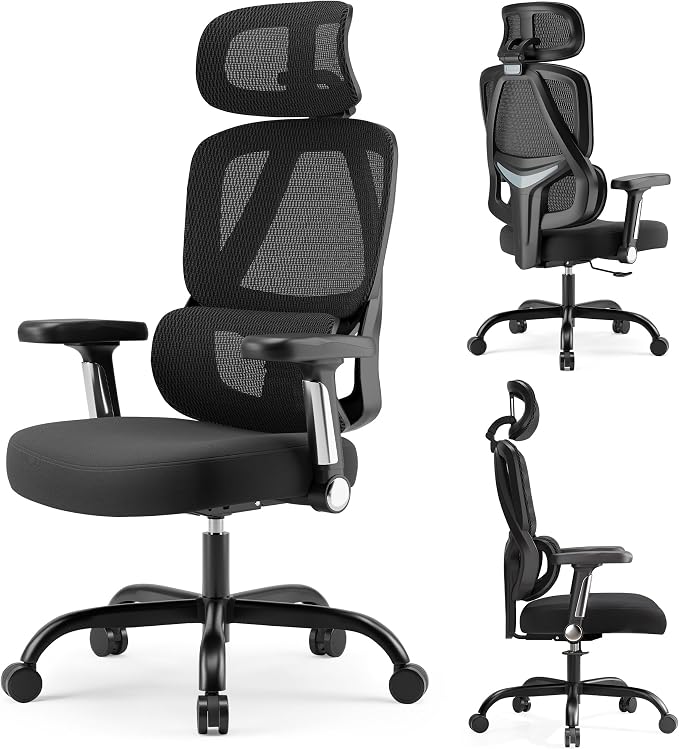 Ergonomic Office Chair, Mesh Back Desk Chair with Cushioned Seat, 3D Adjustable Headrest, 5D Armrests, 2-Level Lumbar Support, 135° Reclining High Back Computer Chair for Home Office