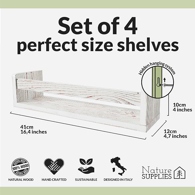 NATURE SUPPLIES Set of 4 Whitewashed Nursery Room Shelves 16.4'', Solid Wood Ideal for Books Toys and Decor, Wall Bookshelf Kids Bedroom, Bookshelf, Nursery Book Shelves, Floating Grey