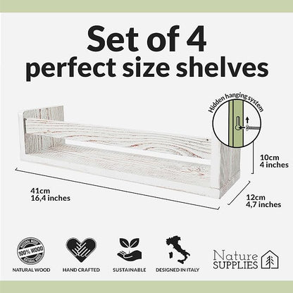 NATURE SUPPLIES Set of 4 Whitewashed Nursery Room Shelves 16.4'', Solid Wood Ideal for Books Toys and Decor, Wall Bookshelf Kids Bedroom, Bookshelf, Nursery Book Shelves, Floating Grey