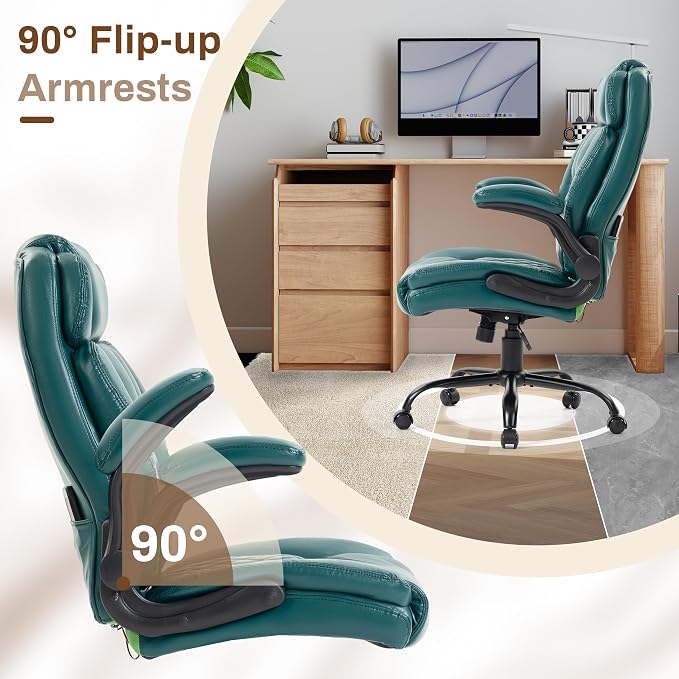 Massage Office Chair,500LBS Ergonomic Rocking Executive Desk Chairs with 4 Points Vibration&Heat,Padded Flipup Armrests for Big and Tall Office Chair,Swivel Computer Chair PU DarkGreen