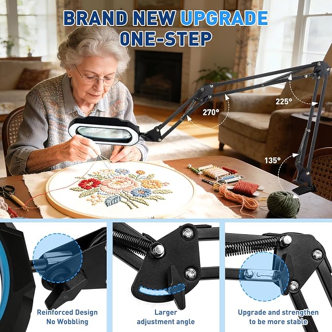 HITTI 12X Square Magnifying Glass with Light and Clamp, Hands-Free Lighted Stand with Ultra Long 3-Section Arm | 5 Color Modes & Stepless Dimming LED Desk Lamp for Workbench,Modelling,Puzzle-Blue