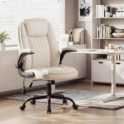 MALOL Leather Office Chair, Computer Desk Chair with Adjustable Lumbar Support, Thick Cushion, Flip-Up Arms and Ergonomic Back, Comfy Executive Office Chair for Home Office Gaming,Beige