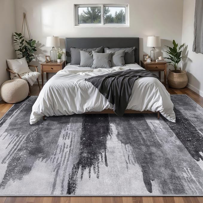 Ciicool Modern Abstract Grey Black Rug for Living Room, 9'x12' Machine Washable Area Rug Non-Slip, Low-Pile Contemporary Indoor Dining Floor Carpet for Bedroom Office Under Table Home Decor