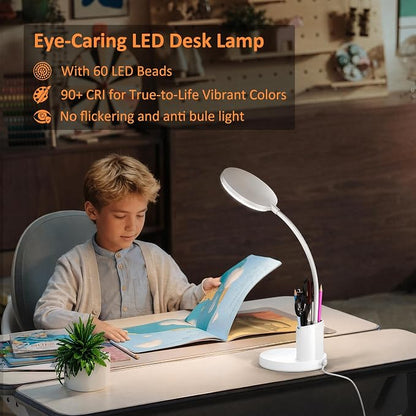 Desk Lamp, LED Desk Lamps for Home Office, Touch Table Lamp with 3 Color Modes 360° Adjustable Arm, Dimmable Desk Light with Pen Phone Holder for College Dorm, White