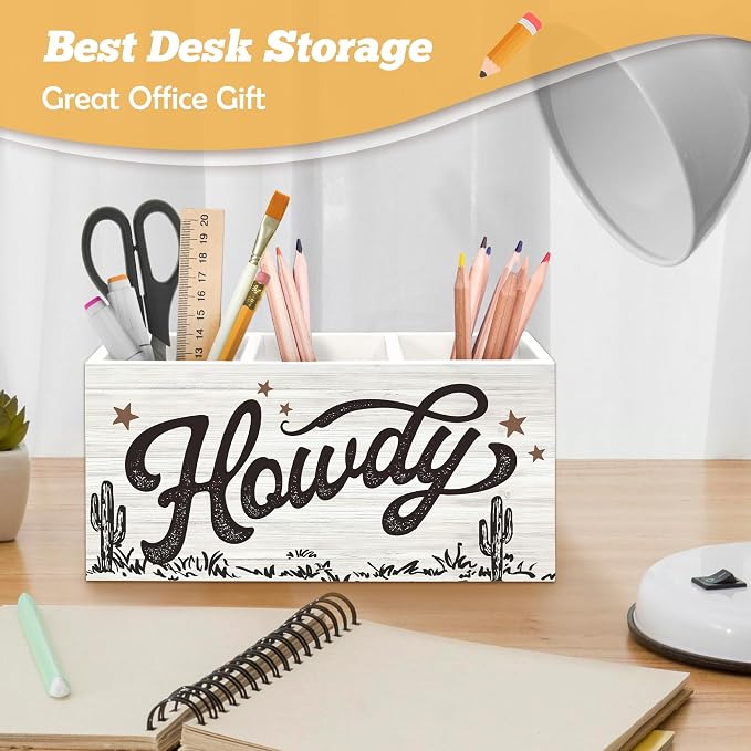Western Howdy Pen Holder Organizer for Desk Accessories, Retro Country Western Wooden Box Sign Desk Decorations for Home Bedroom Office Decor, Cowboy Cowgirl Gifts